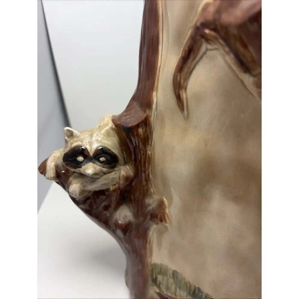 Ceramic Umbrella Stand Mid Century Majolica Raccoon in Tree 3D Woodland